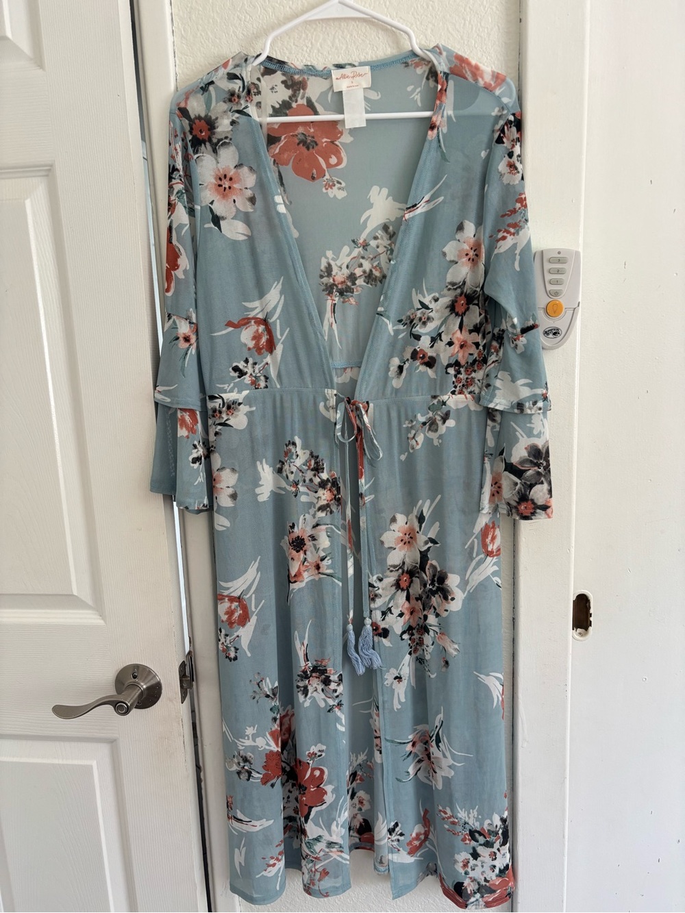 Floral V-Neck Long Mesh Duster - Blue with Coral & Cream Flowers